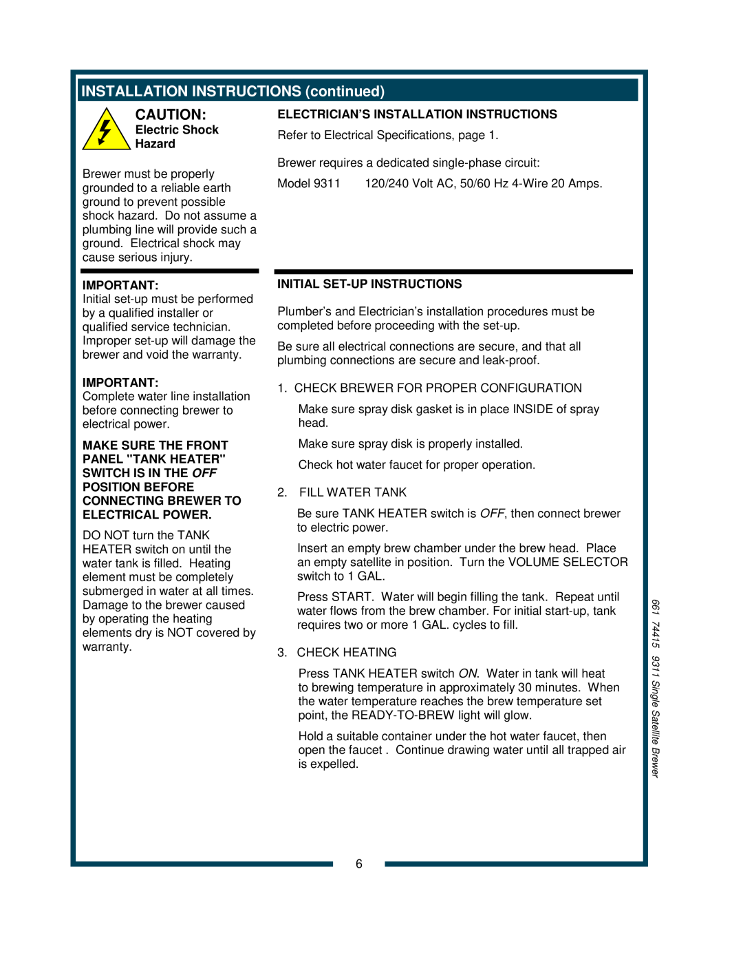 Bloomfield 9311 INSTALLATION INSTRUCTIONS continued, Electric Shock Hazard, Electrician’S Installation Instructions 