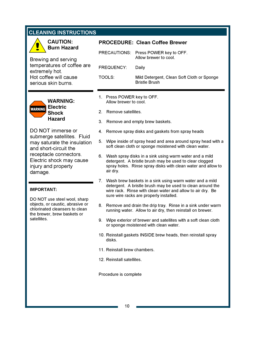 Bloomfield 9421 (SS2-HE) owner manual Electric Shock Hazard, Procedure Clean Coffee Brewer 