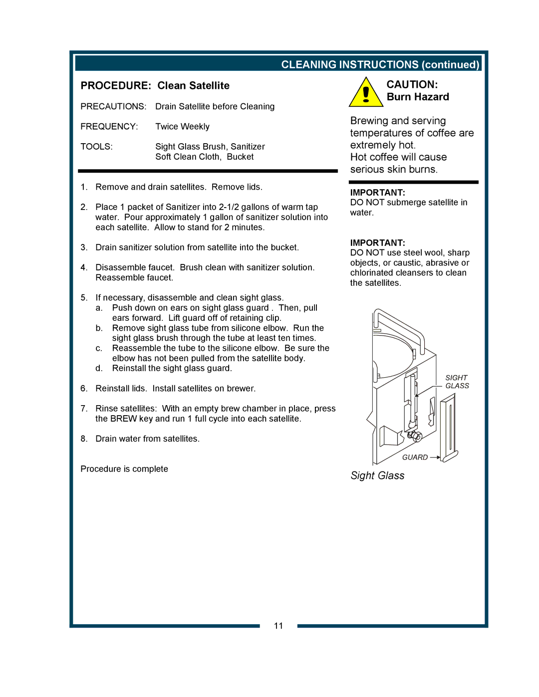 Bloomfield 9421 (SS2-HE) owner manual Procedure Clean Satellite, Cleaning Instructions 