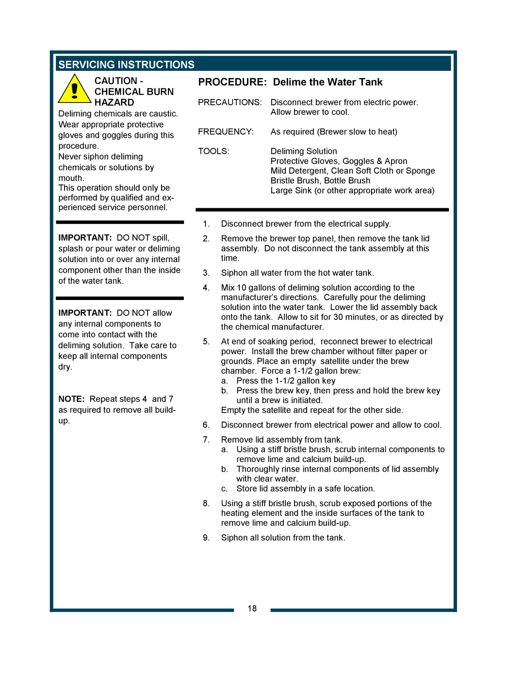 Bloomfield 9421 (SS2-HE) owner manual Servicing Instructions, Procedure Delime the Water Tank 