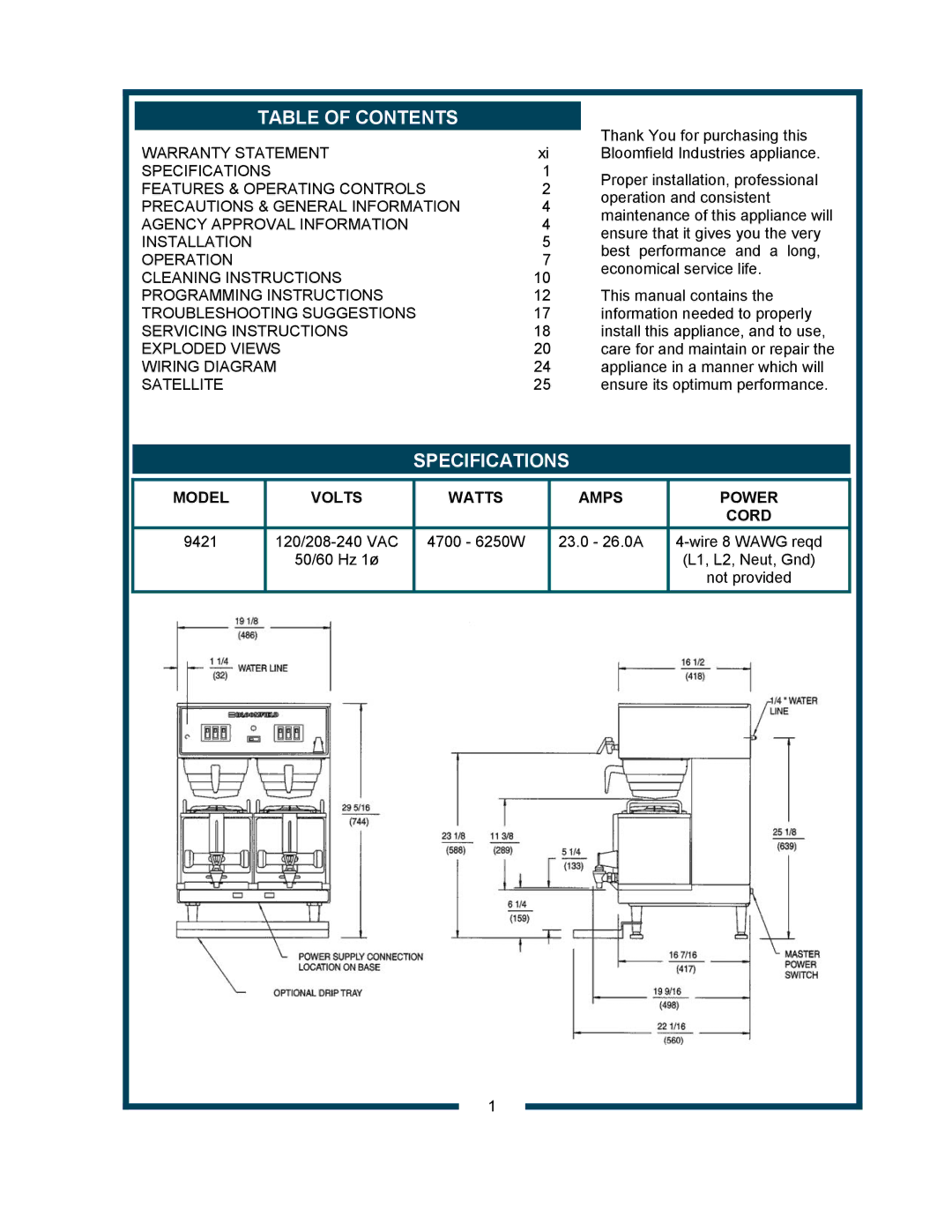 Bloomfield 9421 (SS2-HE) owner manual Table of Contents, Specifications 