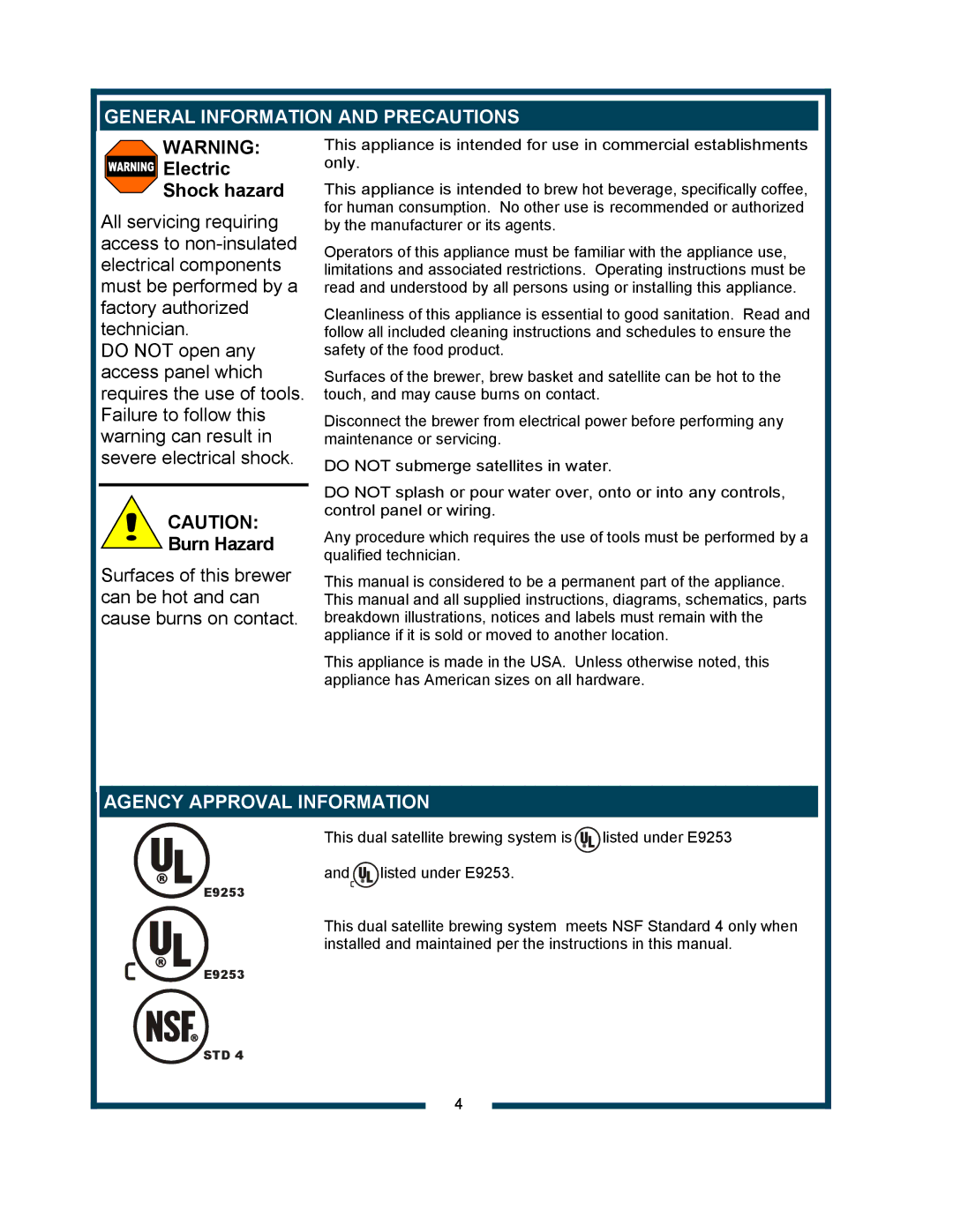 Bloomfield 9421 (SS2-HE) owner manual General Information and Precautions, Burn Hazard, Agency Approval Information 