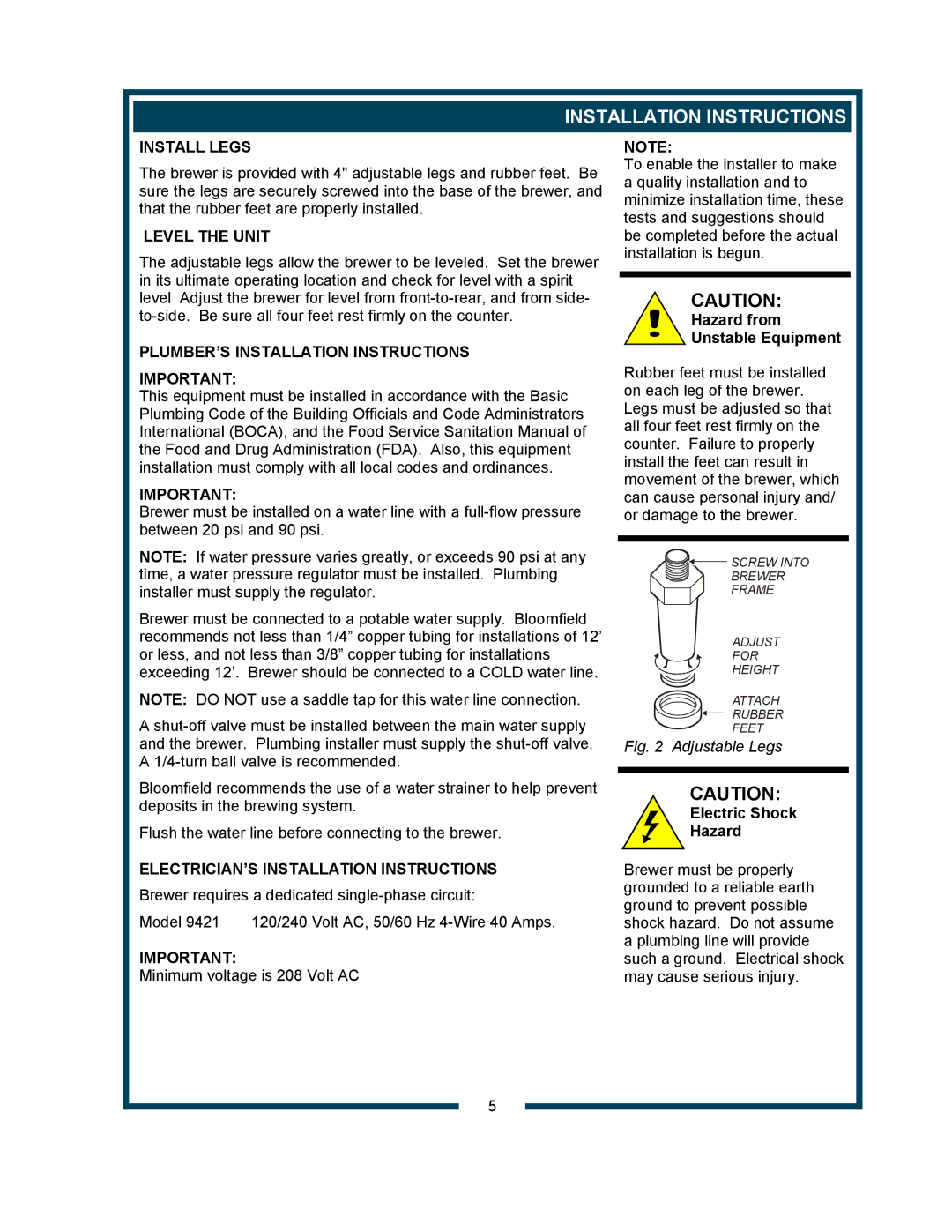 Bloomfield 9421 (SS2-HE) owner manual Install Legs, Level the Unit, PLUMBER’S Installation Instructions 