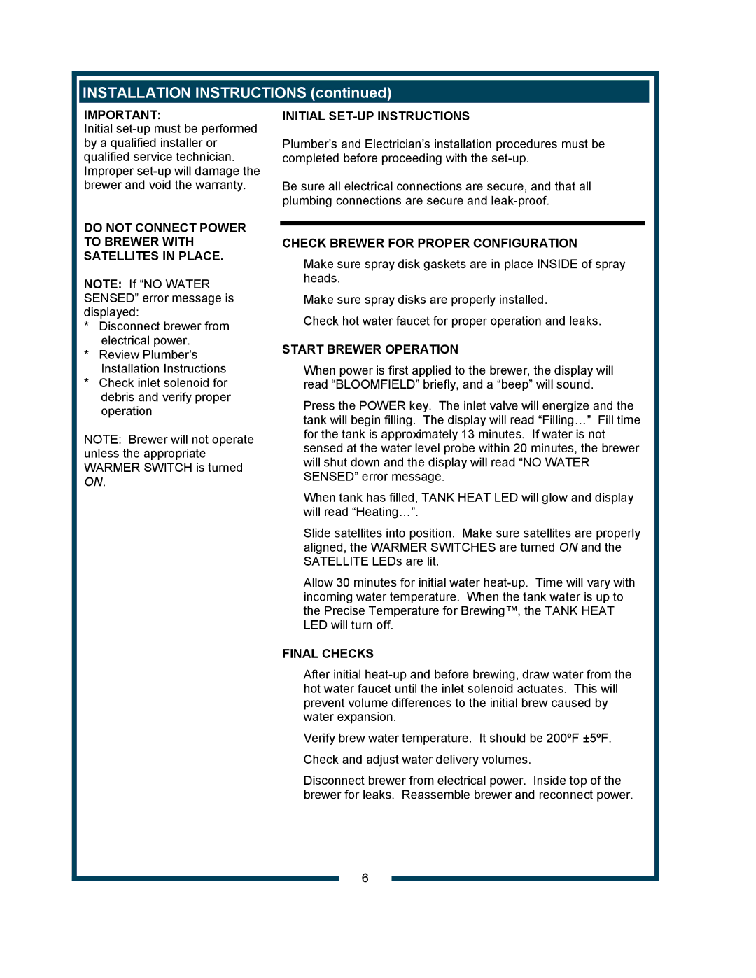 Bloomfield 9421 (SS2-HE) owner manual Installation Instructions 