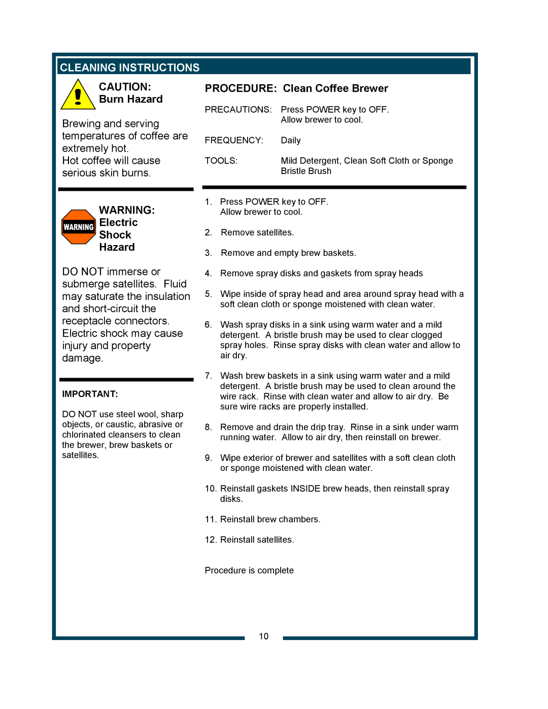 Bloomfield 9421 (SS2-HE) Electric Shock Hazard, PROCEDURE Clean Coffee Brewer, Burn Hazard, Cleaninginstructions 