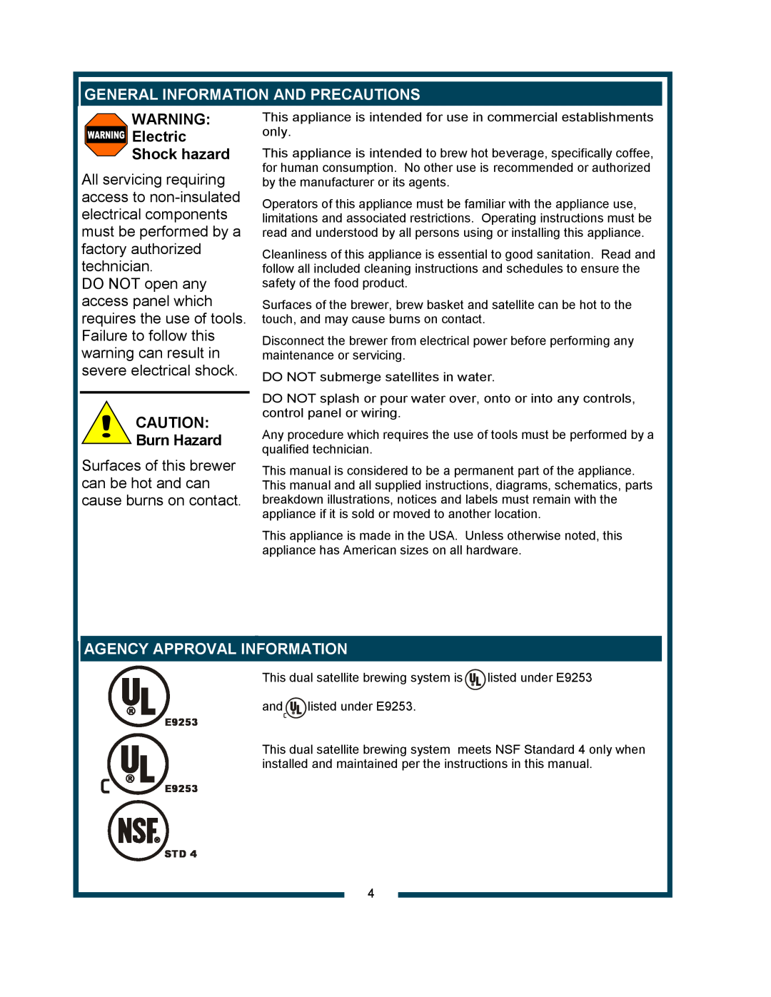 Bloomfield 9421 (SS2-HE) owner manual General Information And Precautions, WARNING Electric Shock hazard, Burn Hazard 