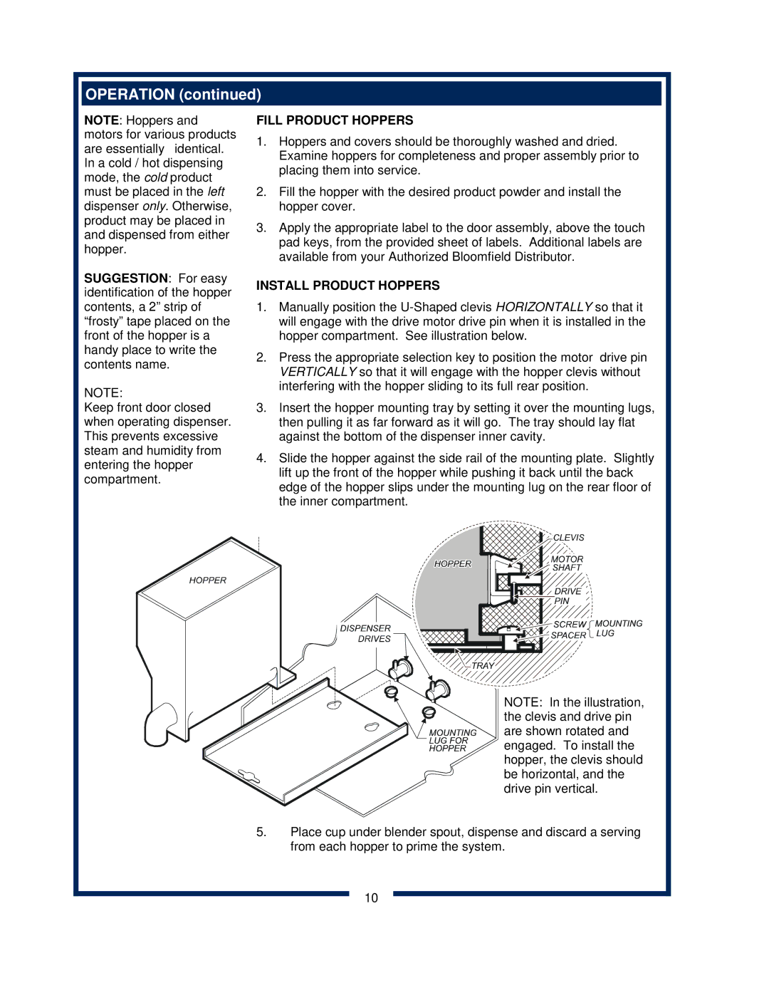 Bloomfield 9454, 9456 owner manual Fill Product Hoppers, Install Product Hoppers 