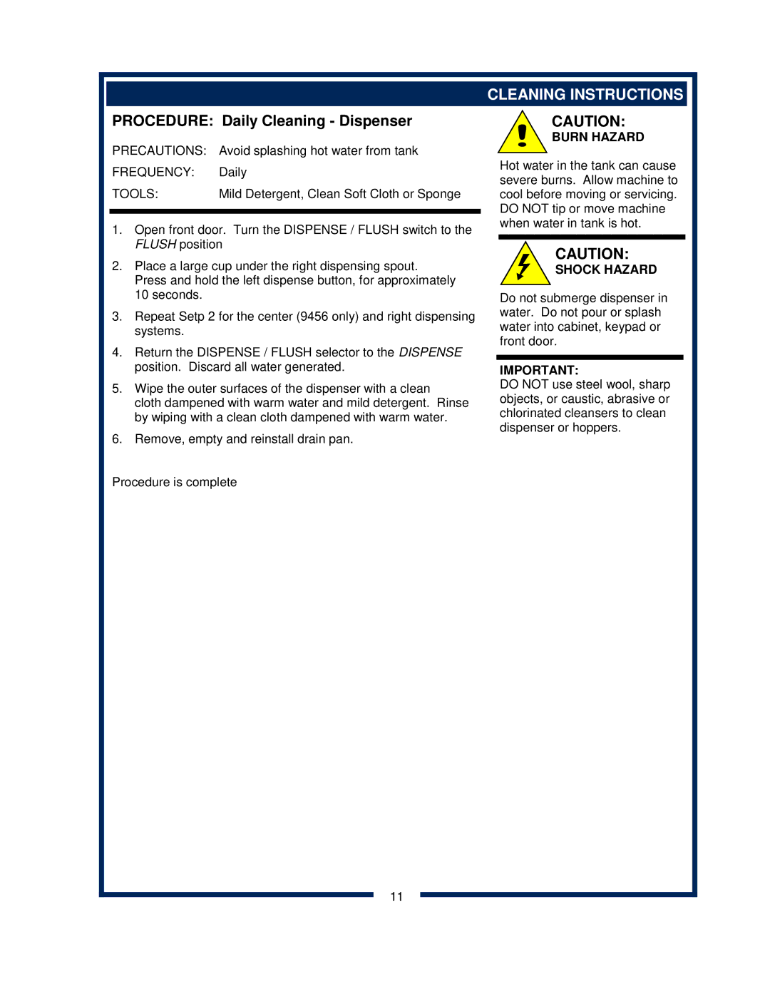 Bloomfield 9456, 9454 owner manual Procedure Daily Cleaning Dispenser, Cleaning Instructions 