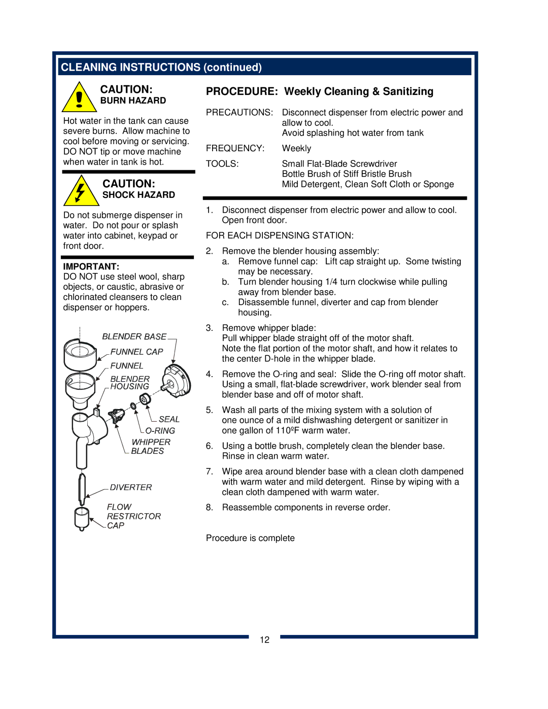 Bloomfield 9454, 9456 owner manual Cleaning Instructions, Procedure Weekly Cleaning & Sanitizing 