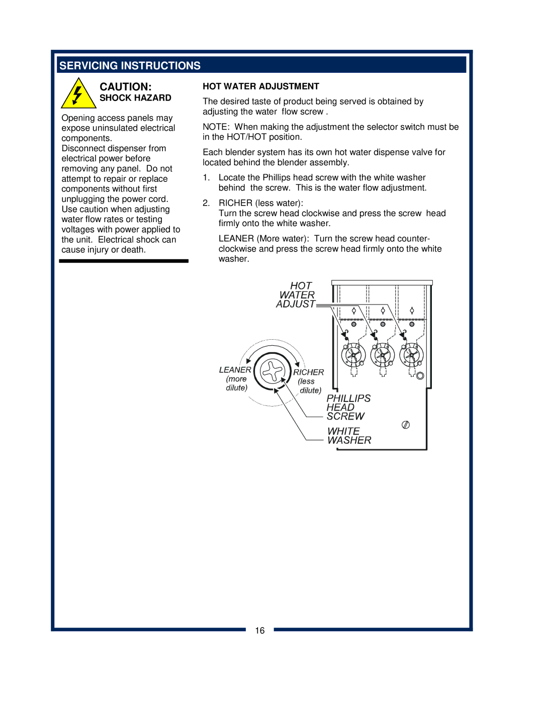 Bloomfield 9454, 9456 owner manual Servicing Instructions, HOT Water Adjustment 