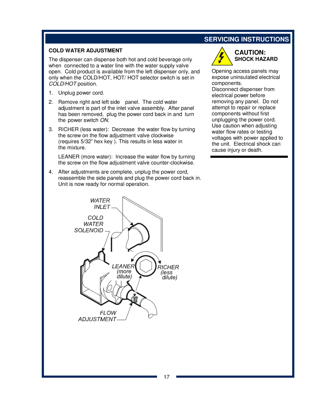 Bloomfield 9456, 9454 owner manual Cold Water Adjustment 