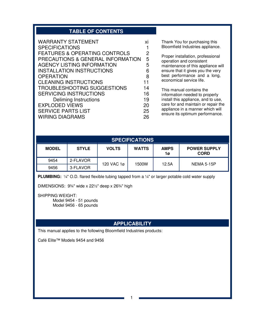 Bloomfield 9456, 9454 owner manual Table of Contents, Specifications, Applicability 