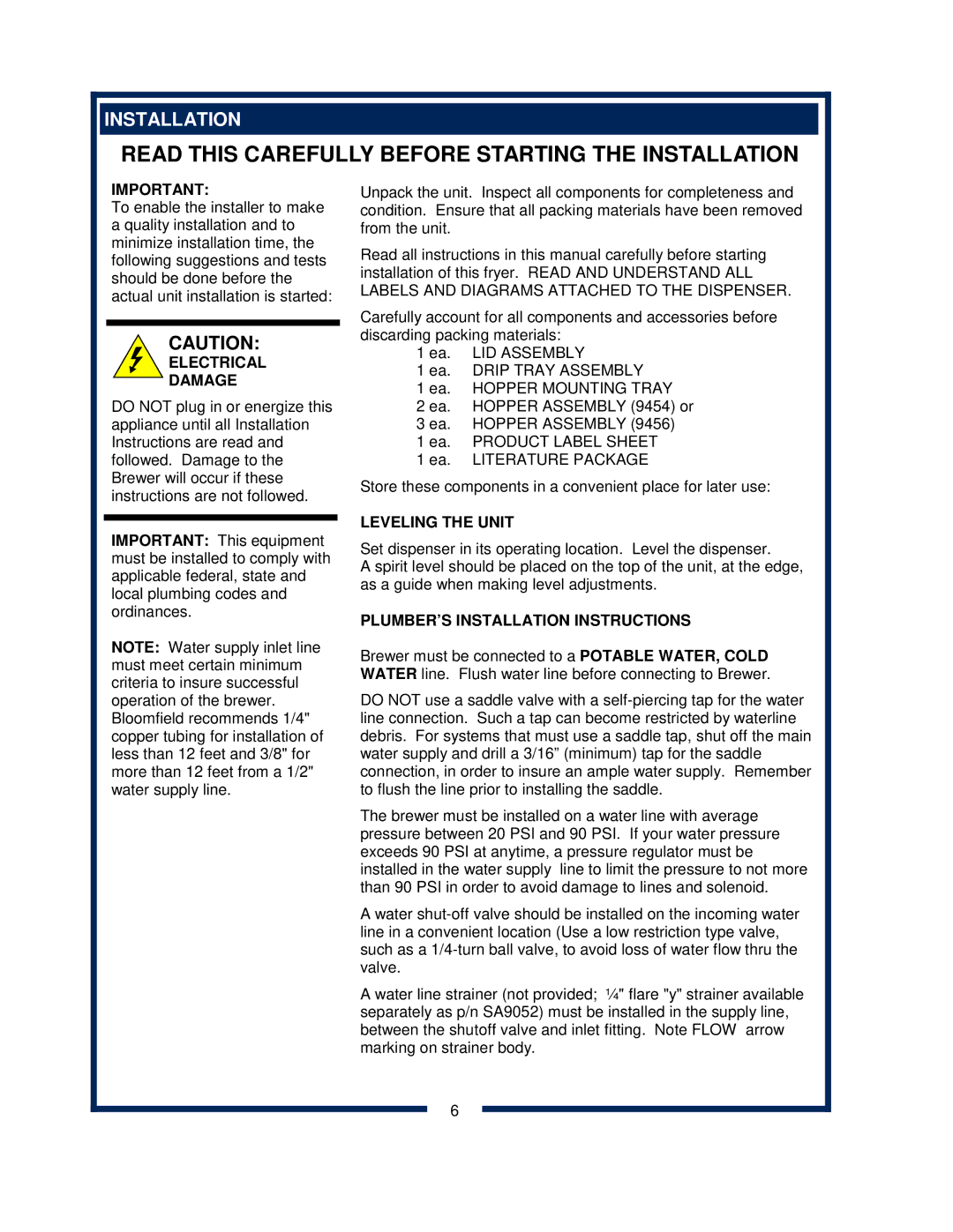 Bloomfield 9454, 9456 owner manual Leveling the Unit, PLUMBER’S Installation Instructions 