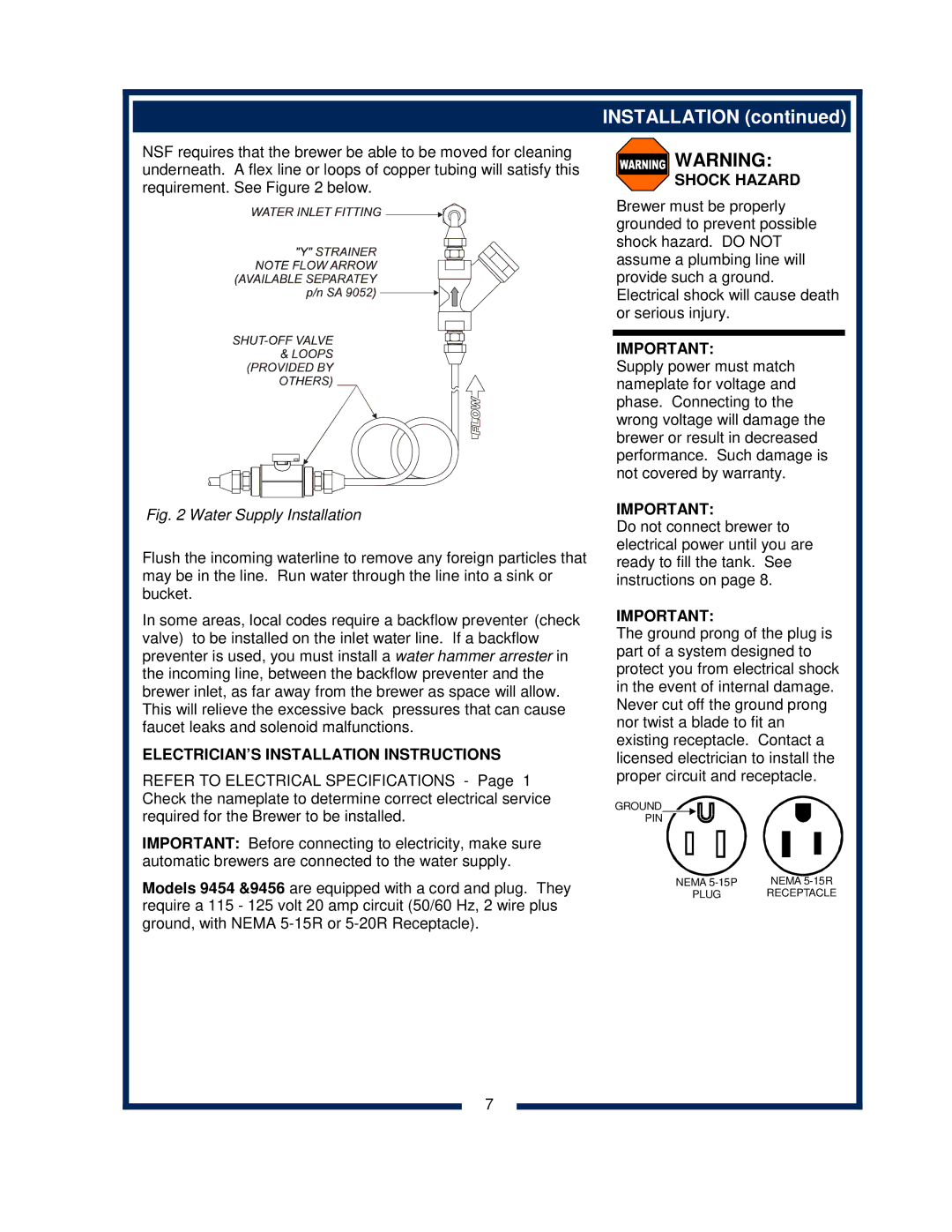 Bloomfield 9456, 9454 owner manual ELECTRICIAN’S Installation Instructions, Shock Hazard 