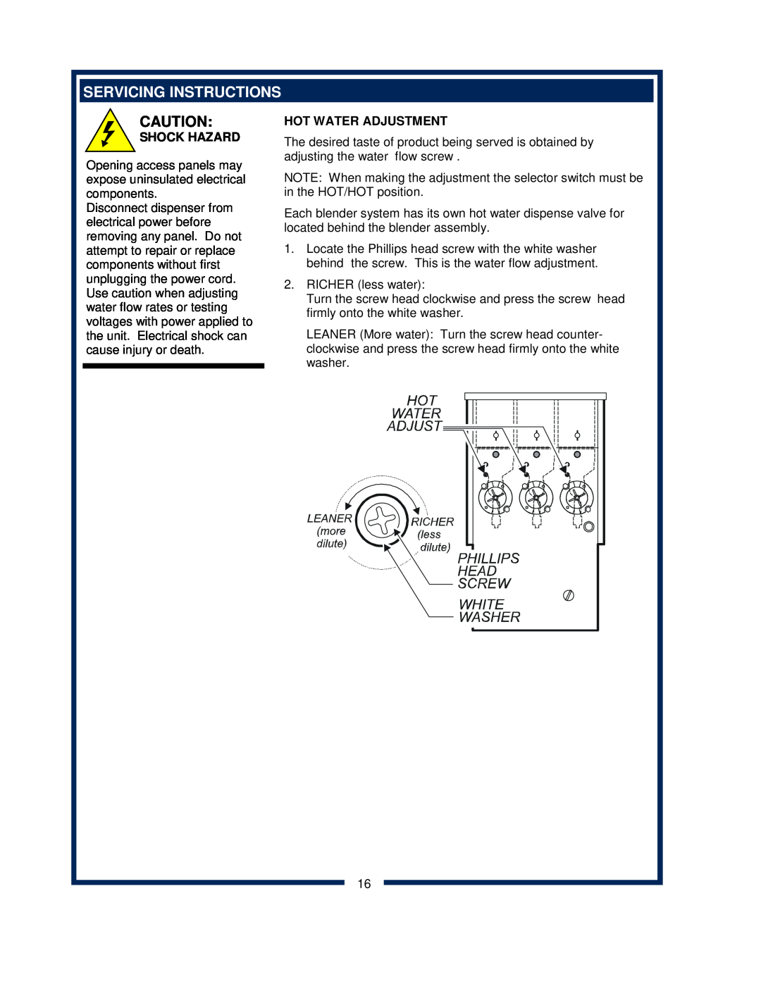 Bloomfield 9454, 9456 owner manual Servicing Instructions, Shock Hazard, Hot Water Adjustment 