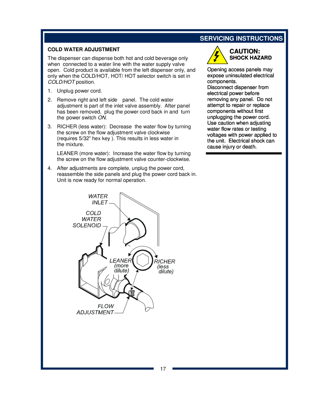 Bloomfield 9456, 9454 owner manual Servicing Instructions, Cold Water Adjustment, Shock Hazard 
