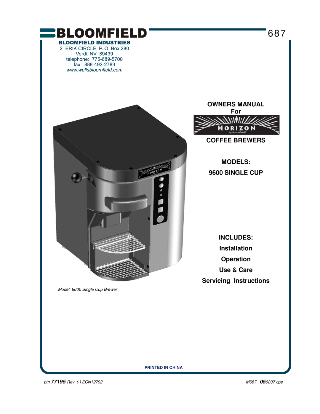 Bloomfield 9600 Single Cup owner manual 687 