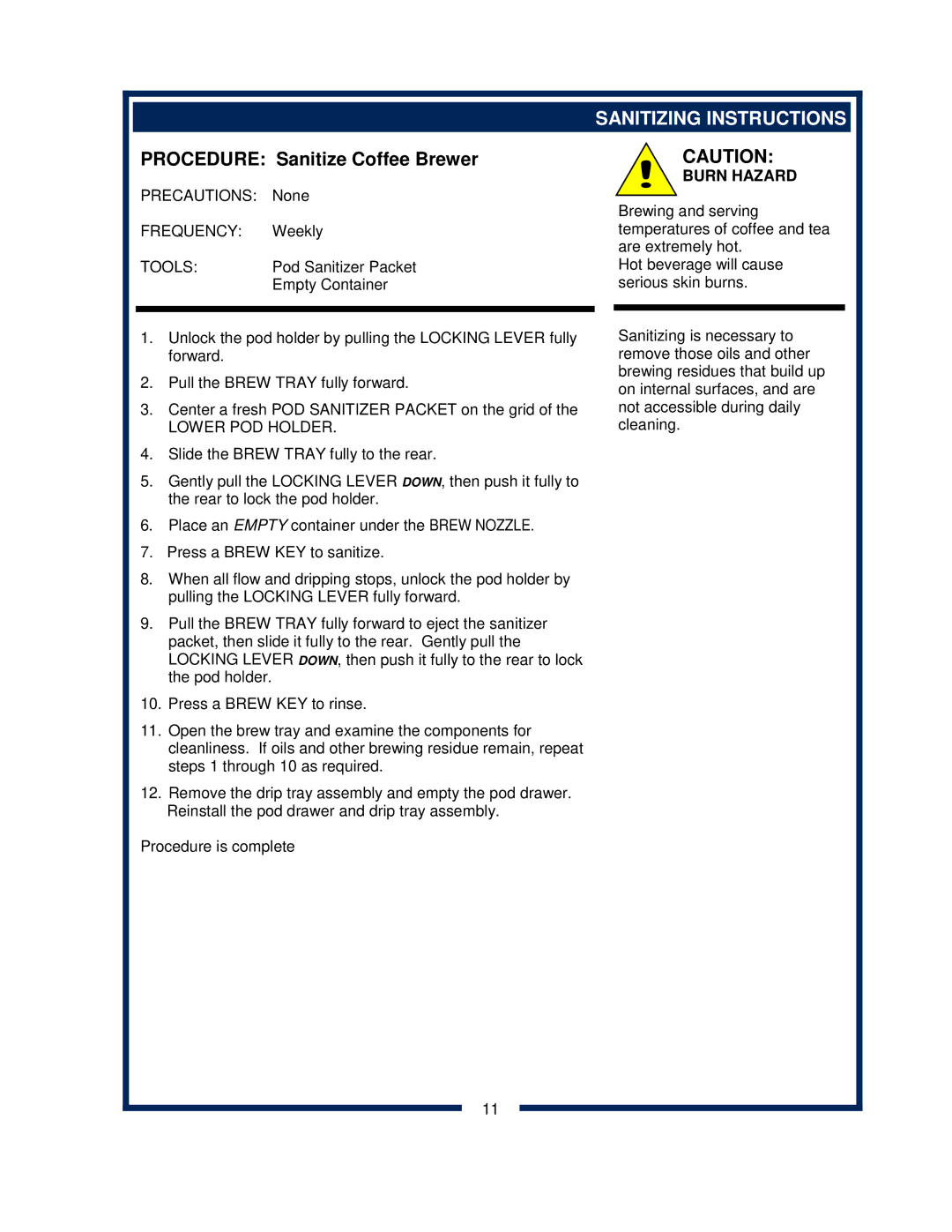 Bloomfield 9600 Single Cup owner manual Procedure Sanitize Coffee Brewer, Sanitizing Instructions 