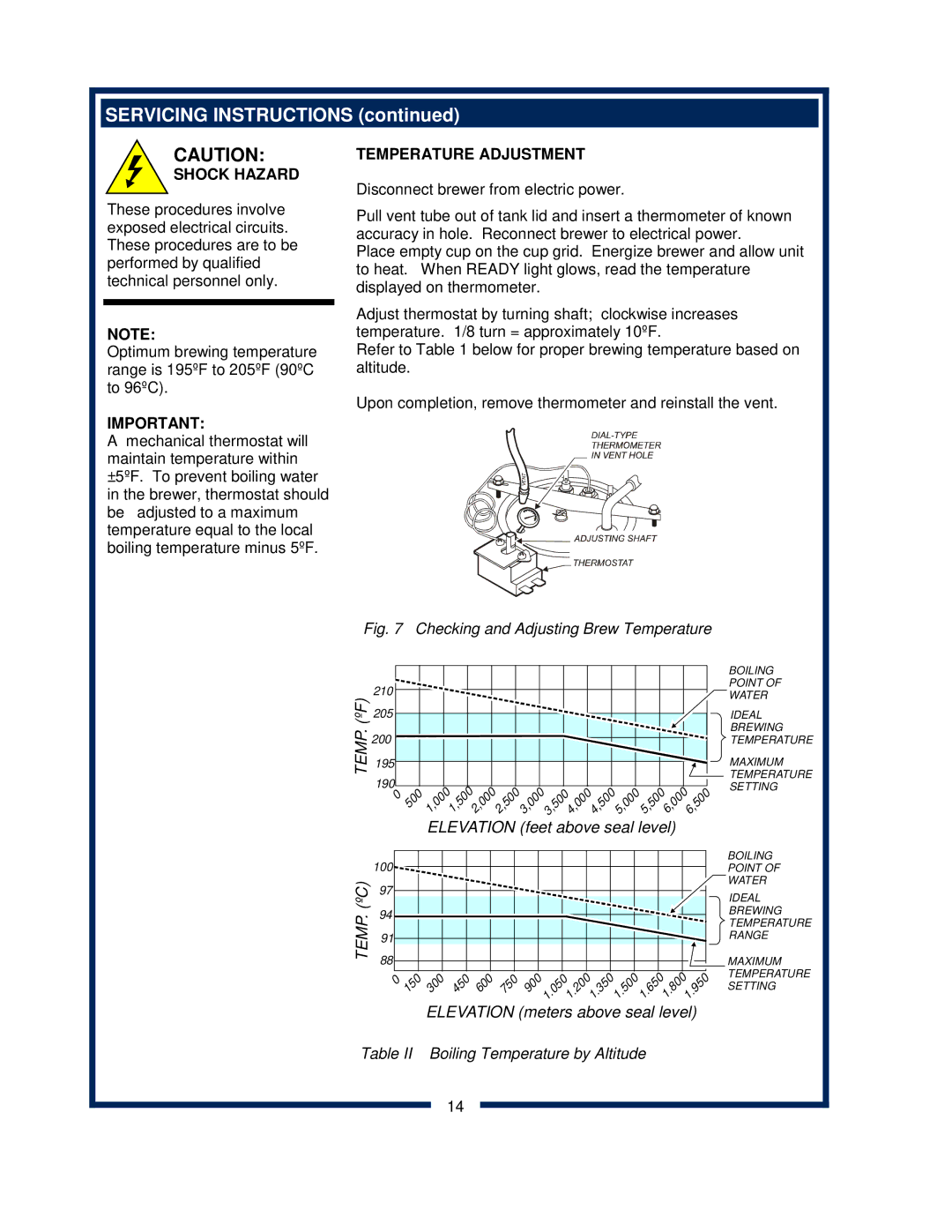 Bloomfield 9600 Single Cup owner manual Servicing Instructions, Temperature Adjustment 