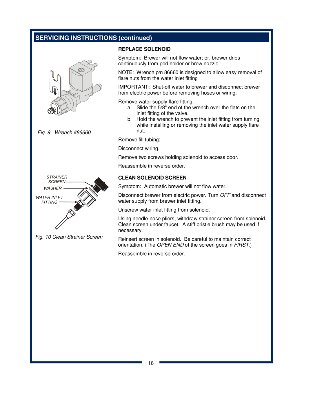 Bloomfield 9600 Single Cup owner manual Replace Solenoid, Clean Solenoid Screen 