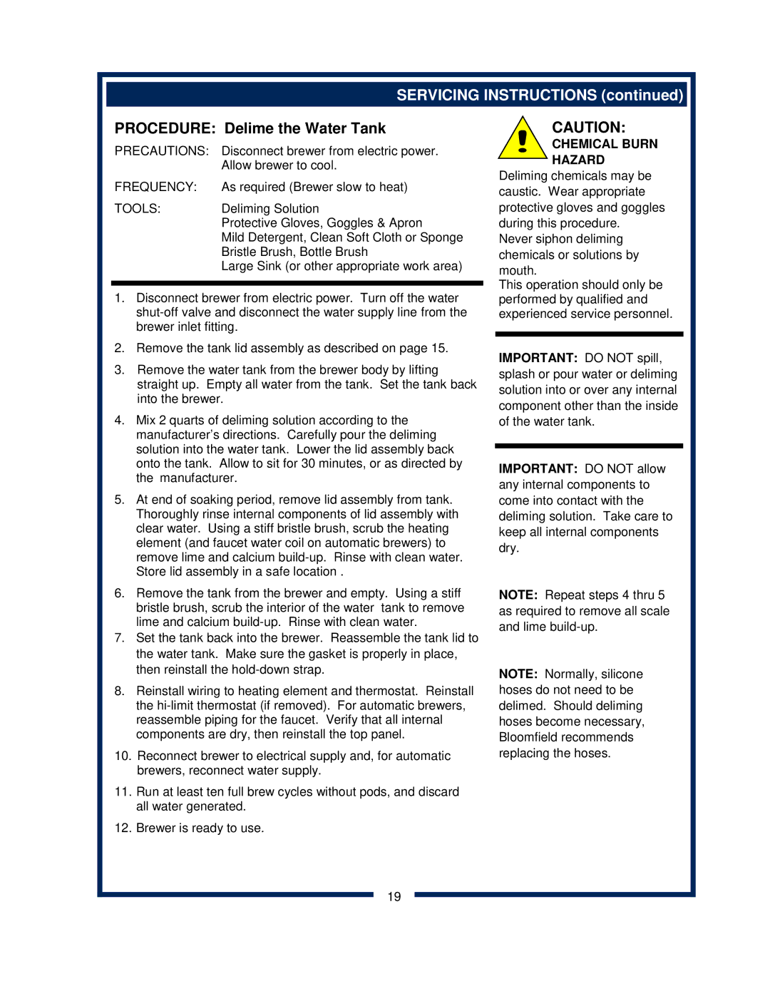 Bloomfield 9600 Single Cup owner manual Procedure Delime the Water Tank, Chemical Burn Hazard 