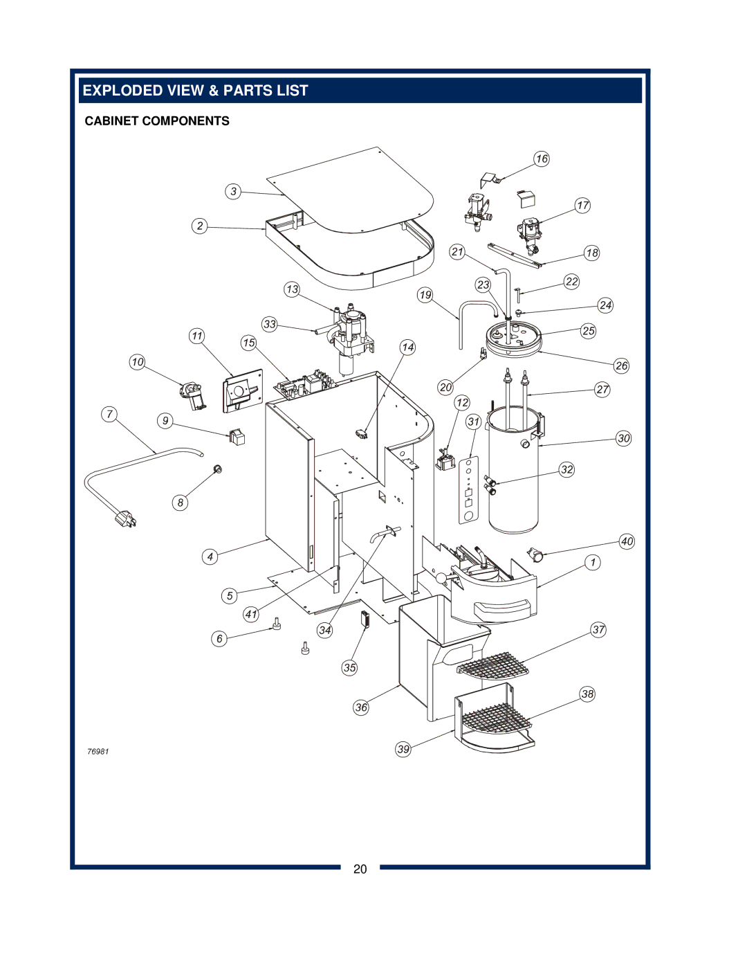 Bloomfield 9600 Single Cup owner manual Exploded View & Parts List, Cabinet Components 