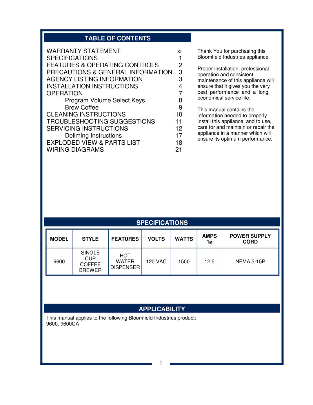 Bloomfield 9600 Single Cup owner manual Table of Contents, Specifications, Applicability 