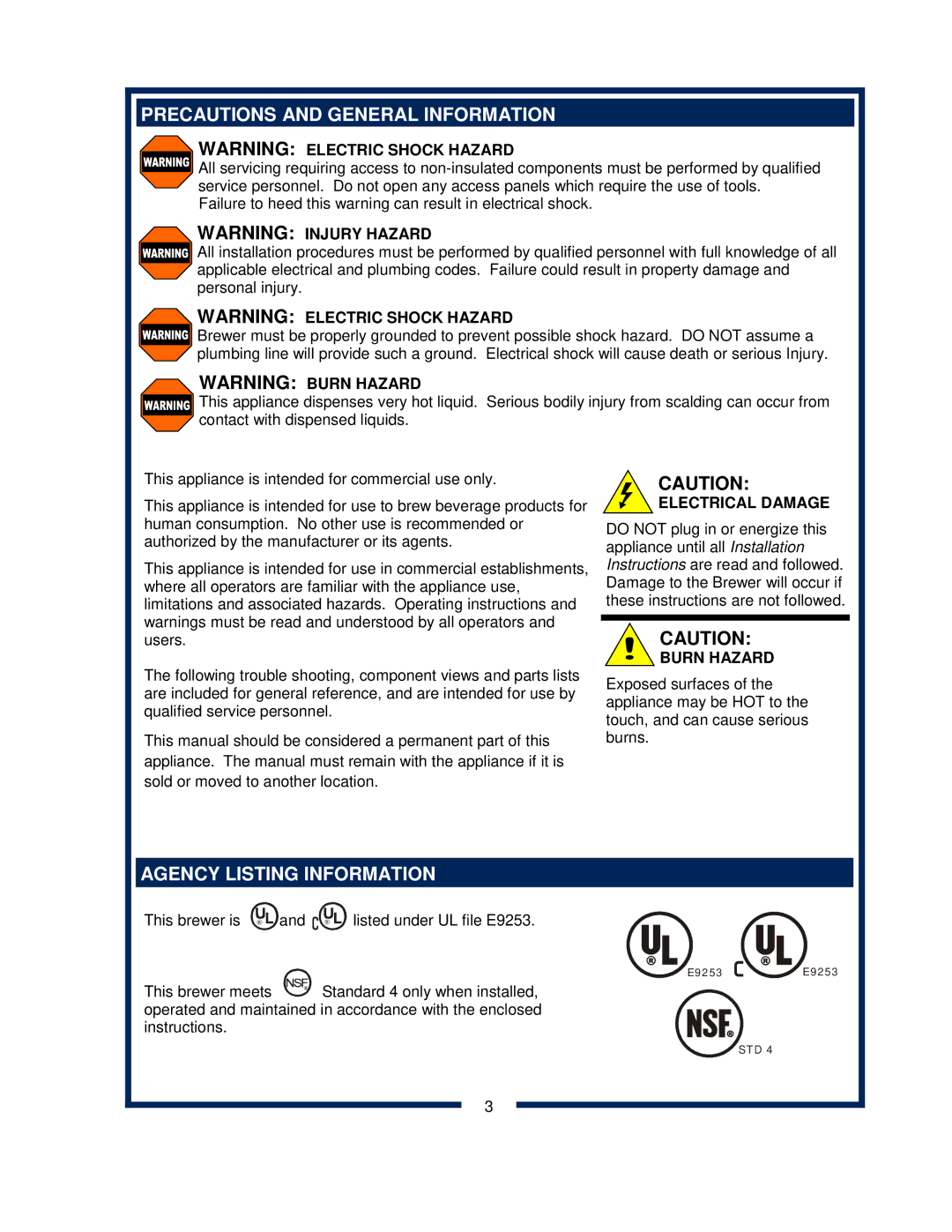 Bloomfield 9600 Single Cup Precautions and General Information, Agency Listing Information, Electrical Damage, Burn Hazard 