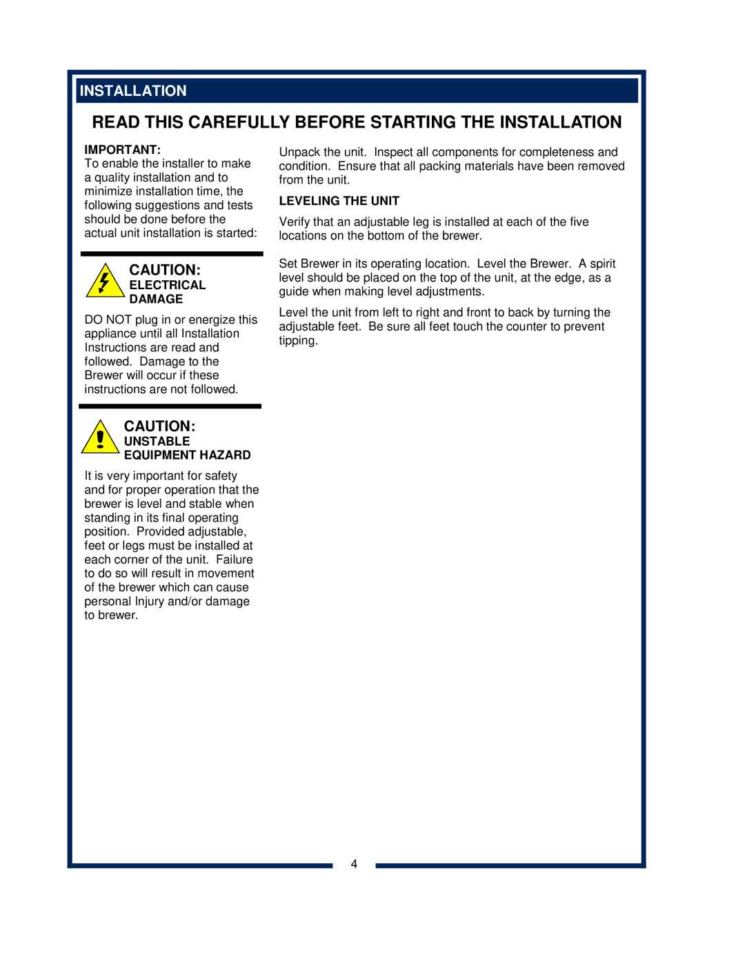 Bloomfield 9600 Single Cup owner manual Installation, Leveling the Unit, Unstable Equipment Hazard 