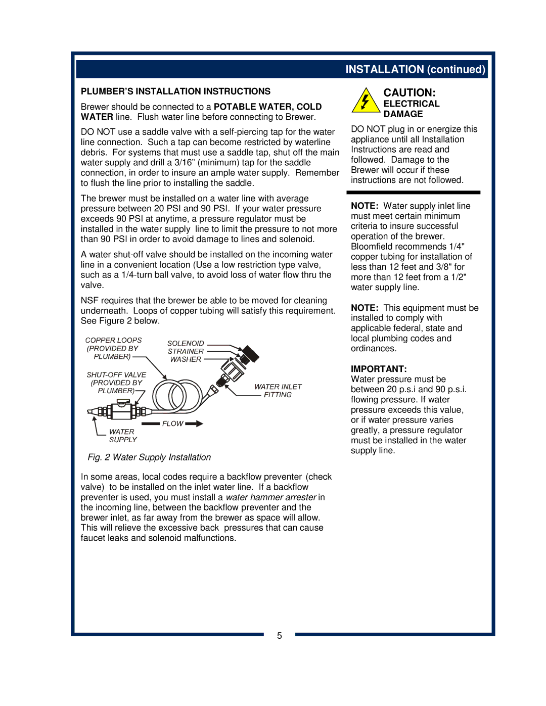 Bloomfield 9600 Single Cup owner manual PLUMBER’S Installation Instructions 