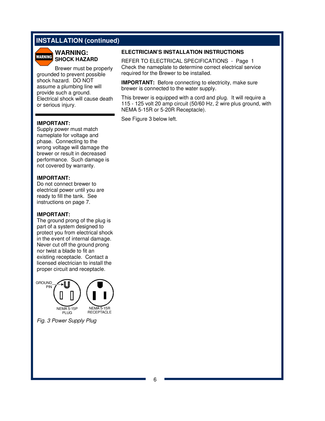 Bloomfield 9600 Single Cup owner manual Shock Hazard, ELECTRICIAN’S Installation Instructions 