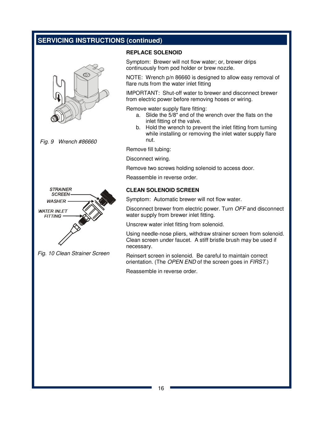 Bloomfield 9600 Single Cup SERVICING INSTRUCTIONS continued, Wrench #86660 Clean Strainer Screen, Replace Solenoid 