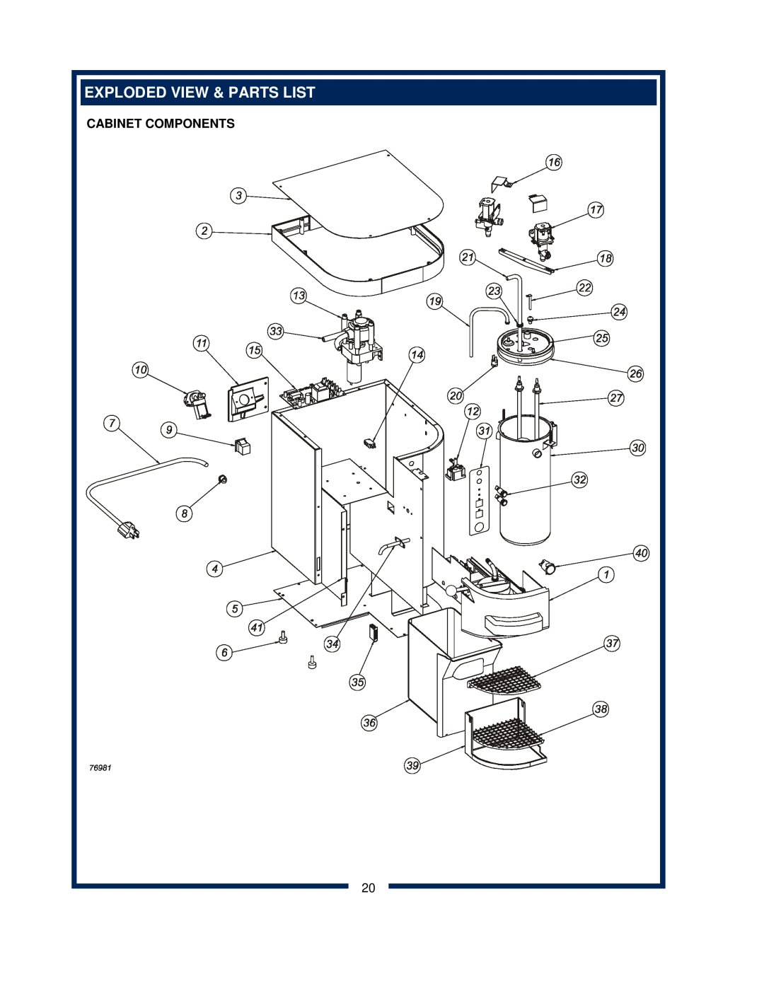 Bloomfield 9600 Single Cup owner manual Exploded View & Parts List, Cabinet Components 