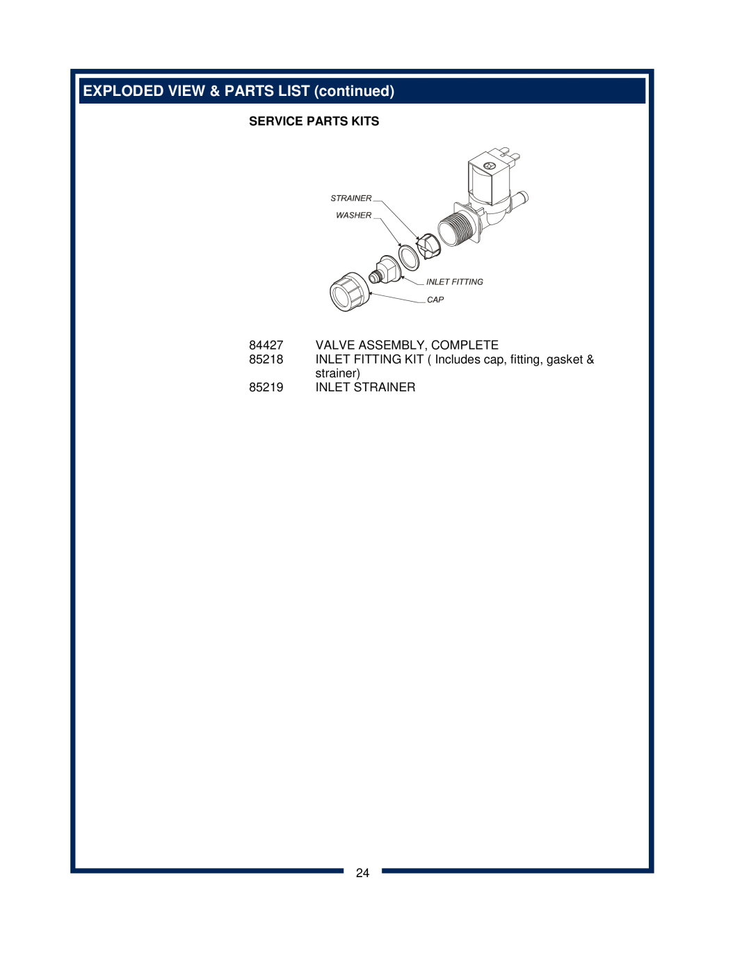 Bloomfield 9600 Single Cup owner manual EXPLODED VIEW & PARTS LIST continued, Service Parts Kits, Valve Assembly, Complete 