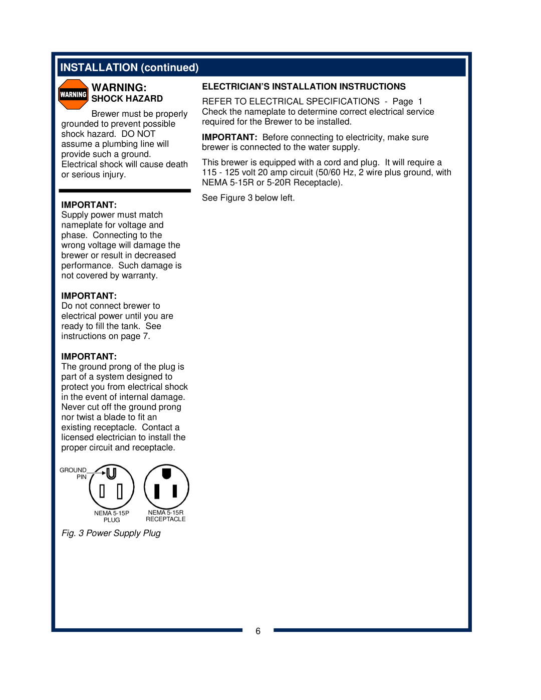 Bloomfield 9600 Single Cup owner manual INSTALLATION continued, Shock Hazard, Electrician’S Installation Instructions 