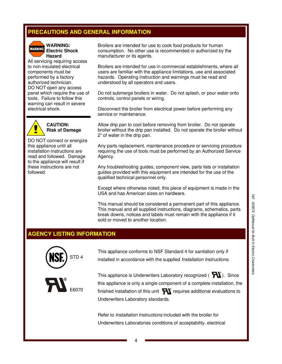 Bloomfield B-406, B-506, B-446 operation manual Electric Shock Hazard, Risk of Damage, Agency Listing Information 