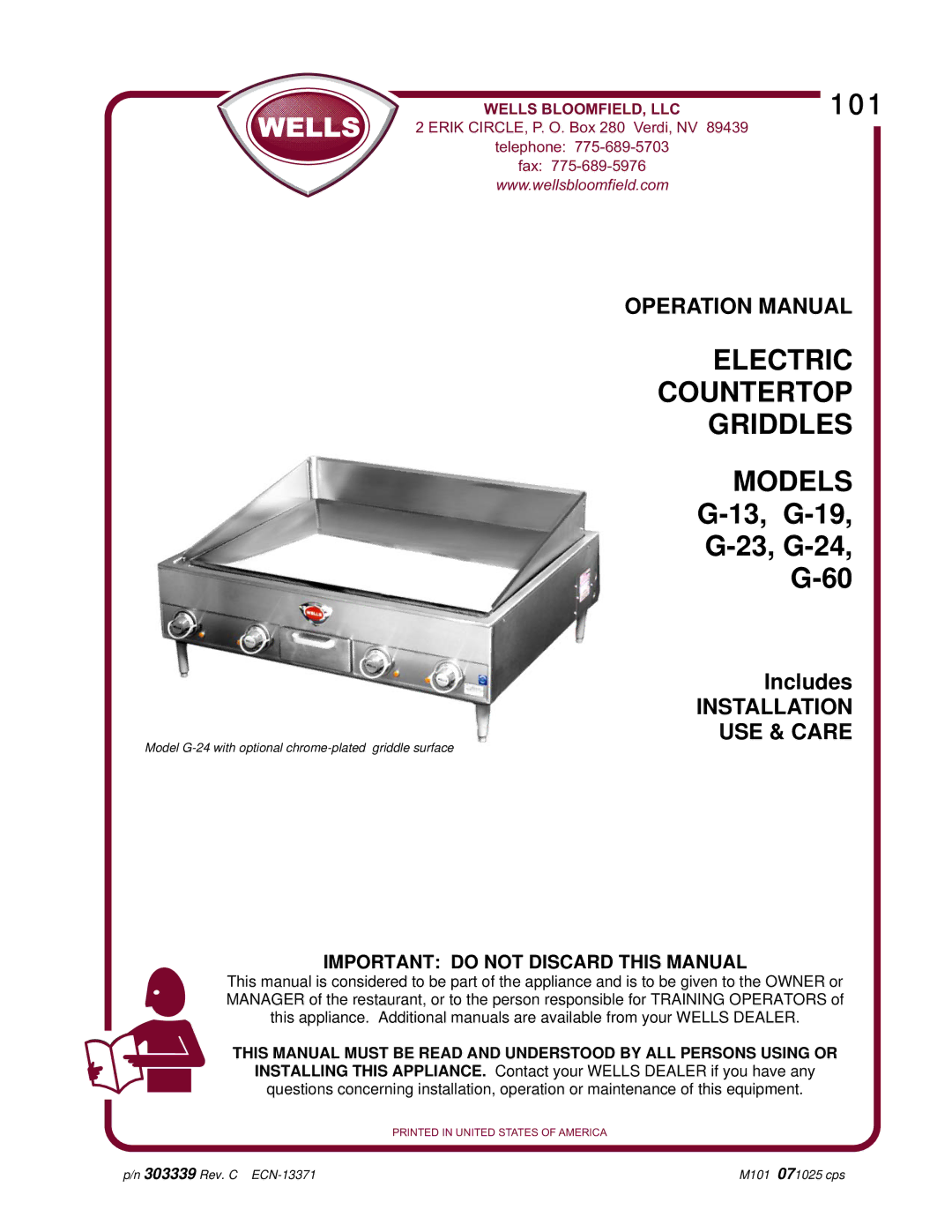 Bloomfield G-23, G60, G-24, G-13, G-19 operation manual Electric Countertop Griddles Models 