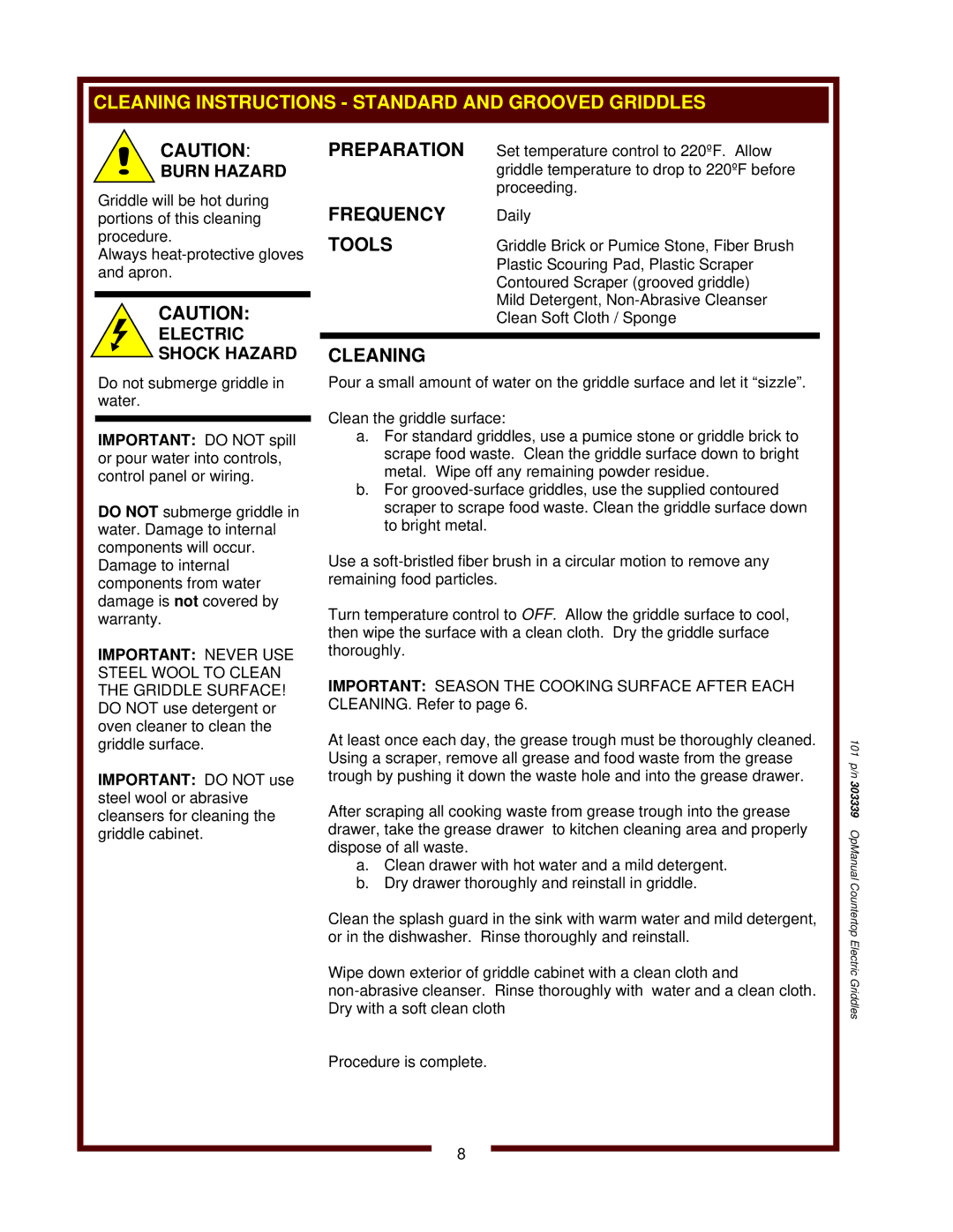 Bloomfield G60, G-23, G-24, G-13 Cleaning Instructions Standard and Grooved Griddles, Burn Hazard, Electric Shock Hazard 