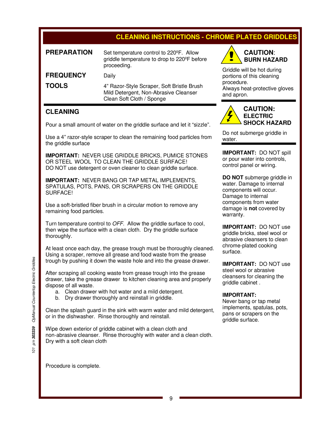 Bloomfield G-23, G60, G-24, G-13, G-19 operation manual Cleaning Instructions Chrome Plated Griddles 