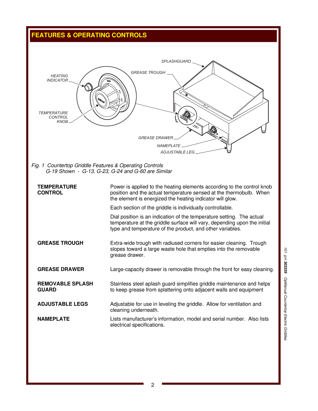 Bloomfield G-19 Temperature, Control, Grease Trough, Grease Drawer, Removable Splash, Guard, Adjustable Legs, Nameplate 