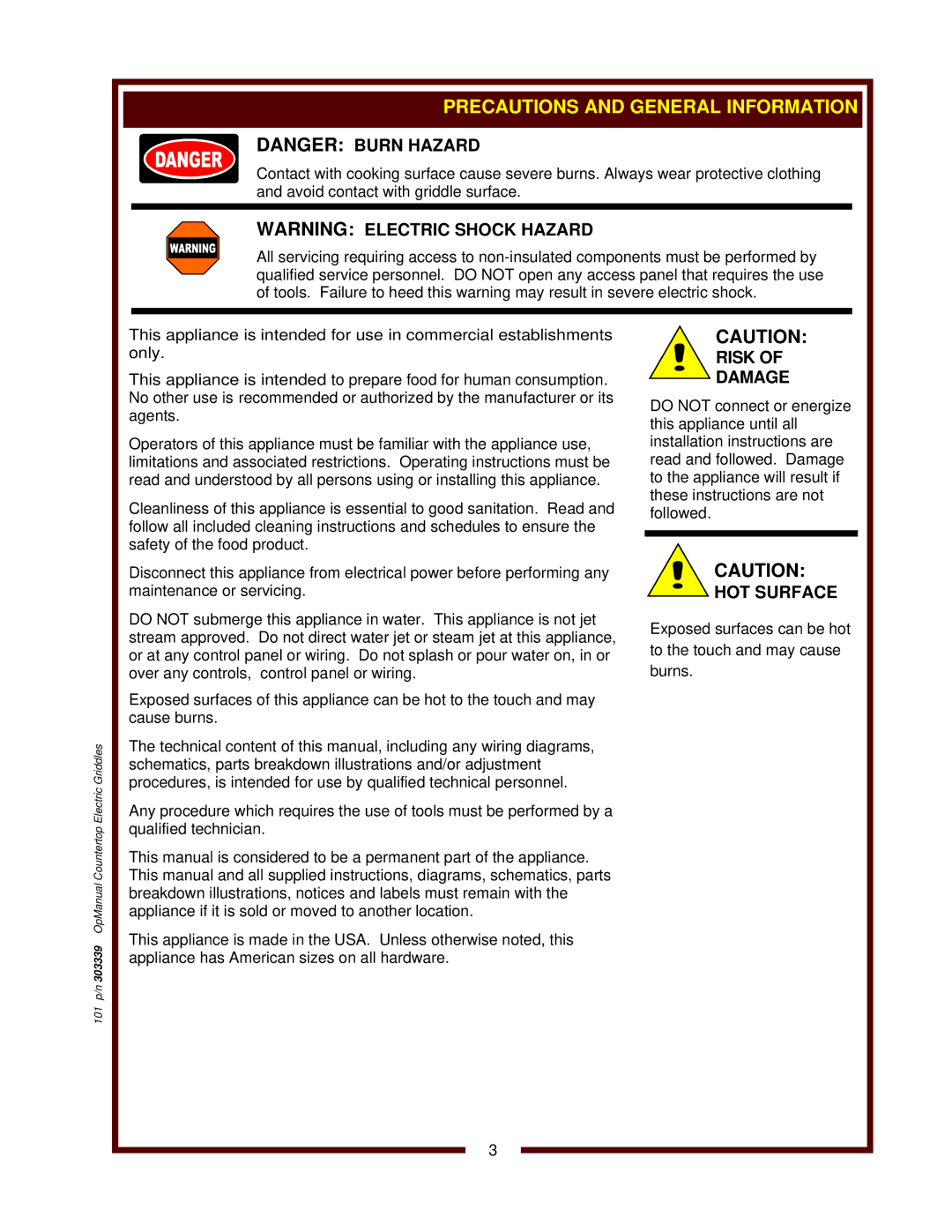 Bloomfield G60, G-23, G-24, G-13, G-19 operation manual Precautions and General Information, Risk Damage, HOT Surface 