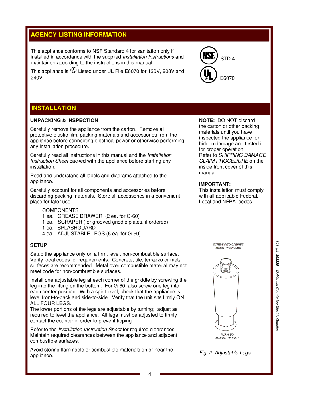 Bloomfield G-23, G60, G-24, G-13, G-19 operation manual Installation, Unpacking & Inspection, Setup 