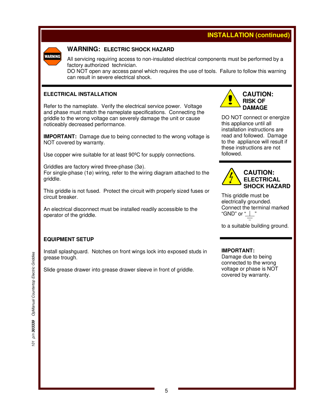 Bloomfield G-24, G60, G-23, G-13, G-19 operation manual Electrical Shock Hazard, Electrical Installation, Equipment Setup 