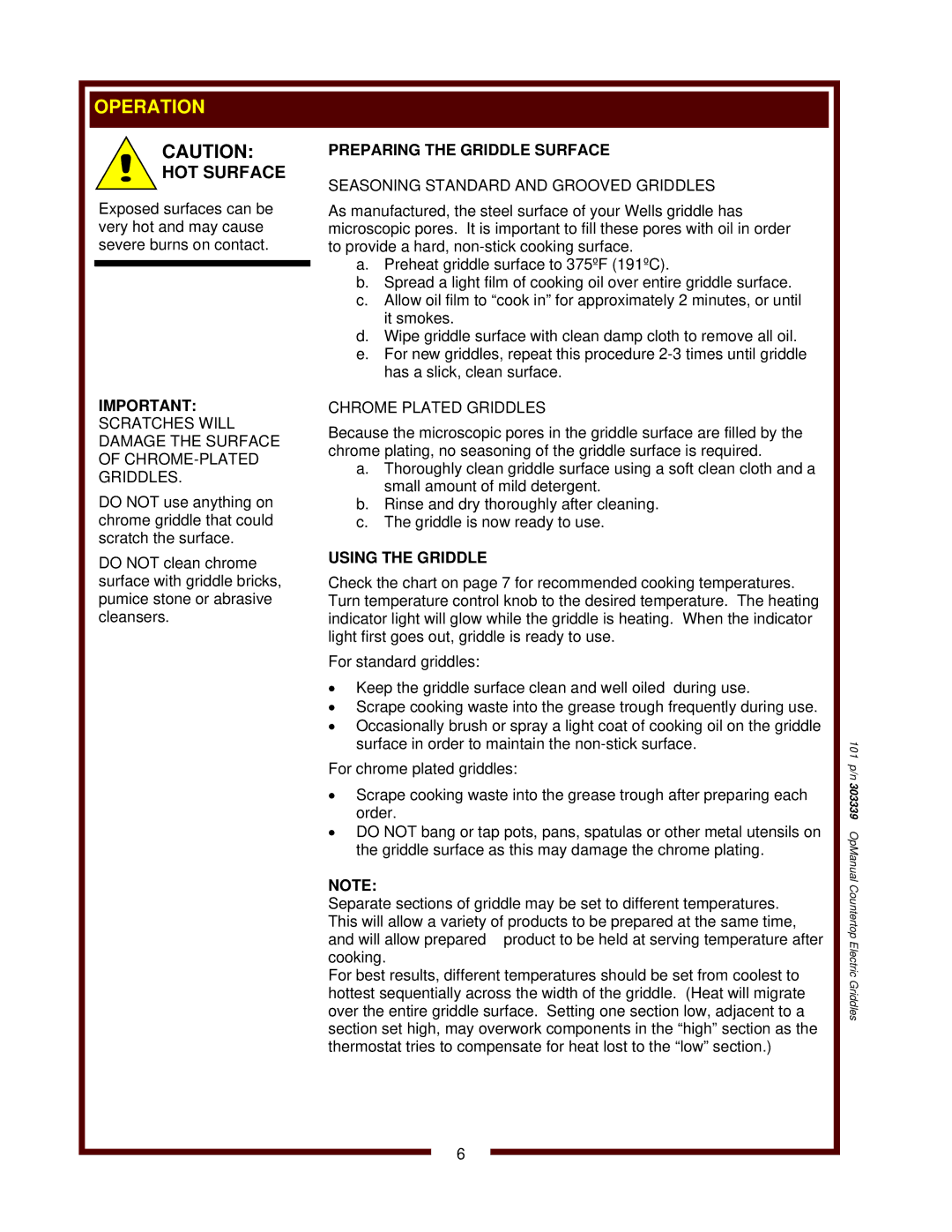 Bloomfield G-13, G60, G-23, G-24, G-19 operation manual Operation, Preparing the Griddle Surface, Using the Griddle 