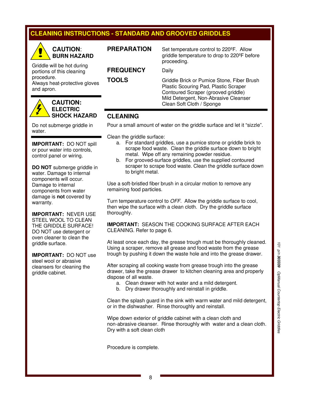 Bloomfield G60, G-23 Cleaning Instructions - Standard And Grooved Griddles, Preparation, Frequency, Tools, Burn Hazard 