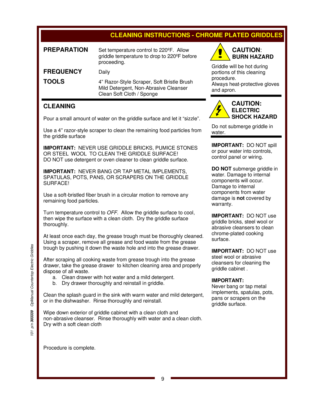 Bloomfield G-23, G60, G-24, G-13 Cleaning Instructions - Chrome Plated Griddles, Preparation, Frequency, Tools, Burn Hazard 