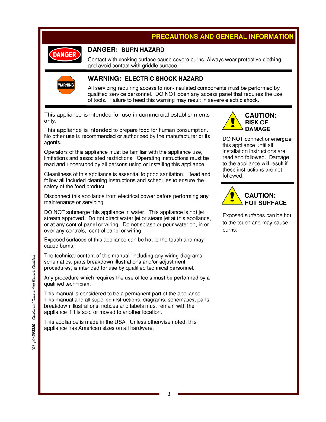 Bloomfield G60 Precautions And General Information, Danger Burn Hazard, Warning Electric Shock Hazard, Risk Of Damage 