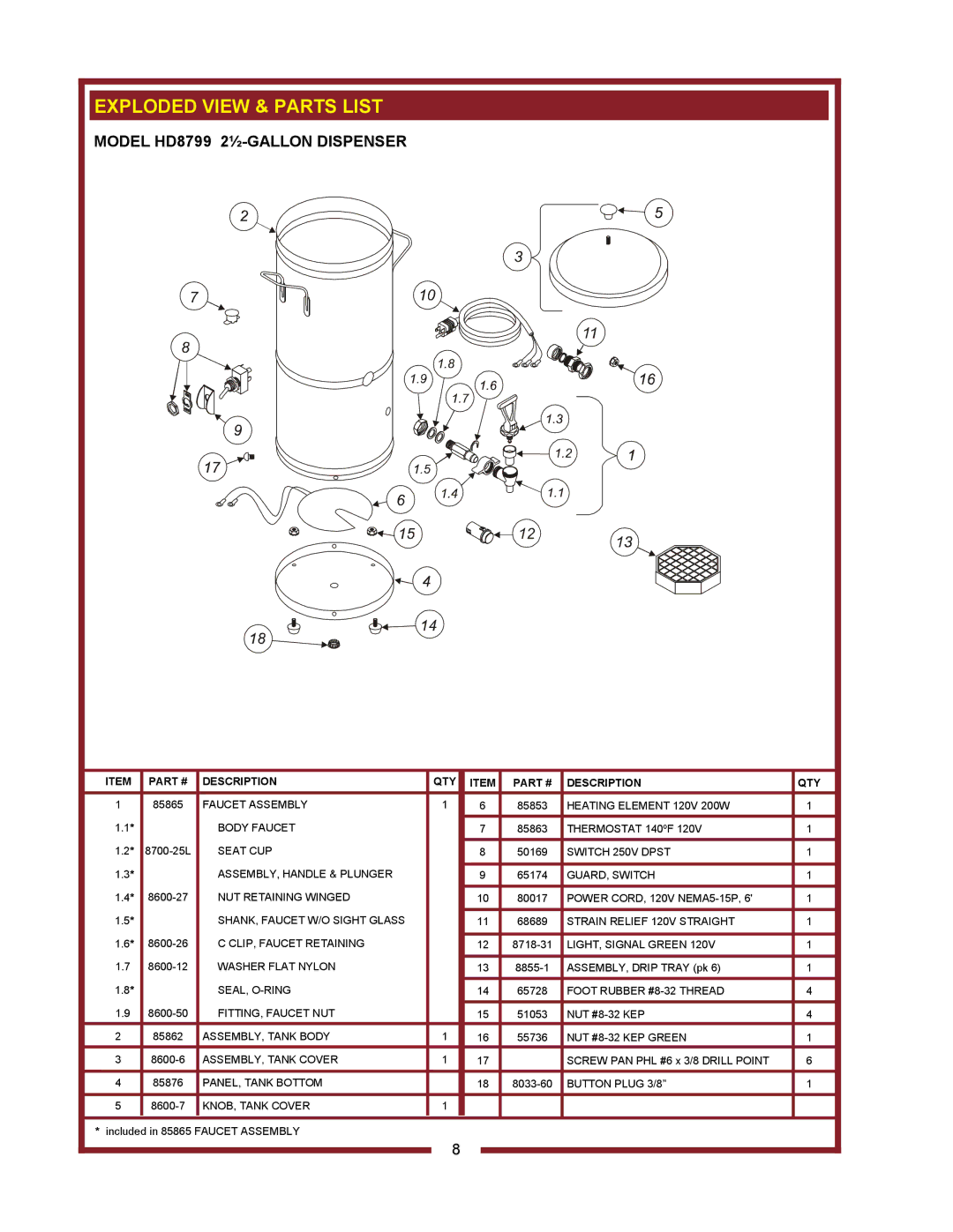 Bloomfield HD8802 owner manual Exploded View & Parts List, Model HD8799 2½-GALLON Dispenser 