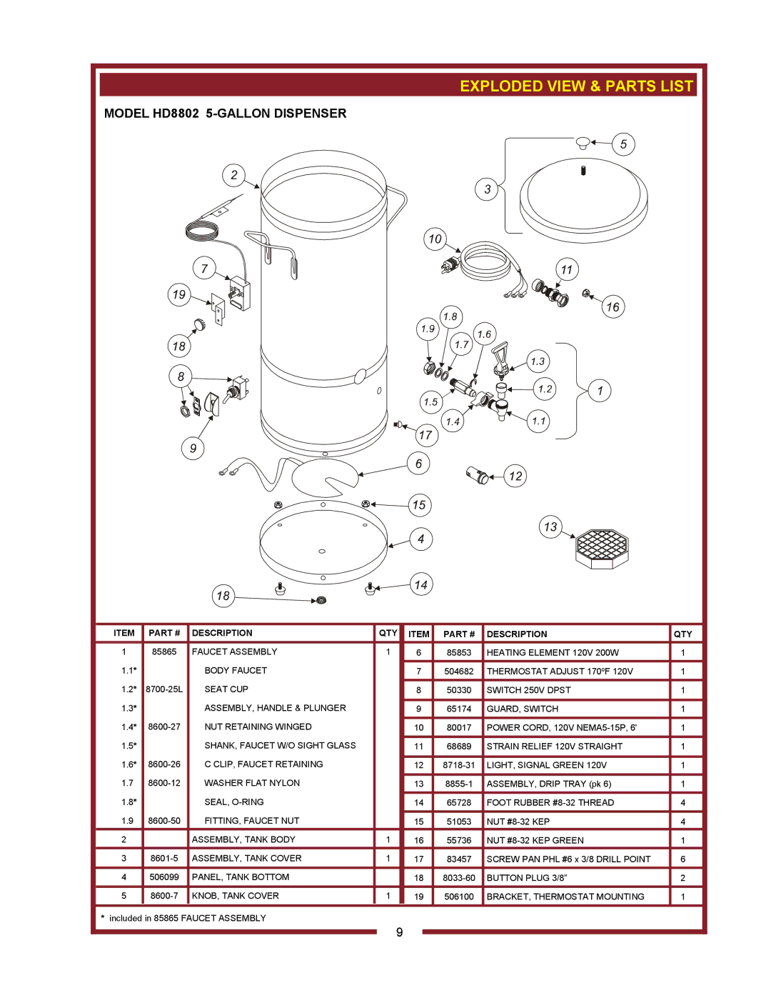 Bloomfield HD8799 owner manual Model HD8802 5-GALLON Dispenser 