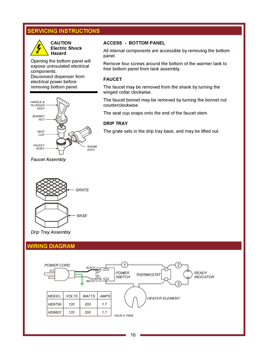 Bloomfield HD8799, HD8802 owner manual Servicing Instructions, Wiring Diagram, Access Bottom Panel, Faucet, Drip Tray 